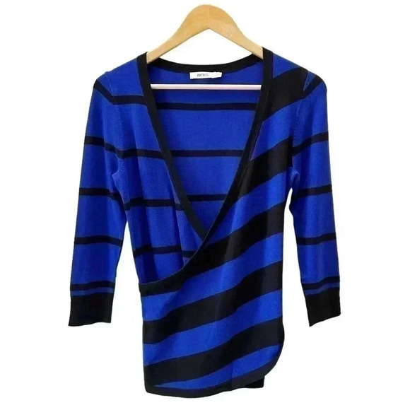 Ricki’s Wrap Front Sweater Deep V Neckline Thin Knit Blue Black Stripes  XS - Picture 15 of 15